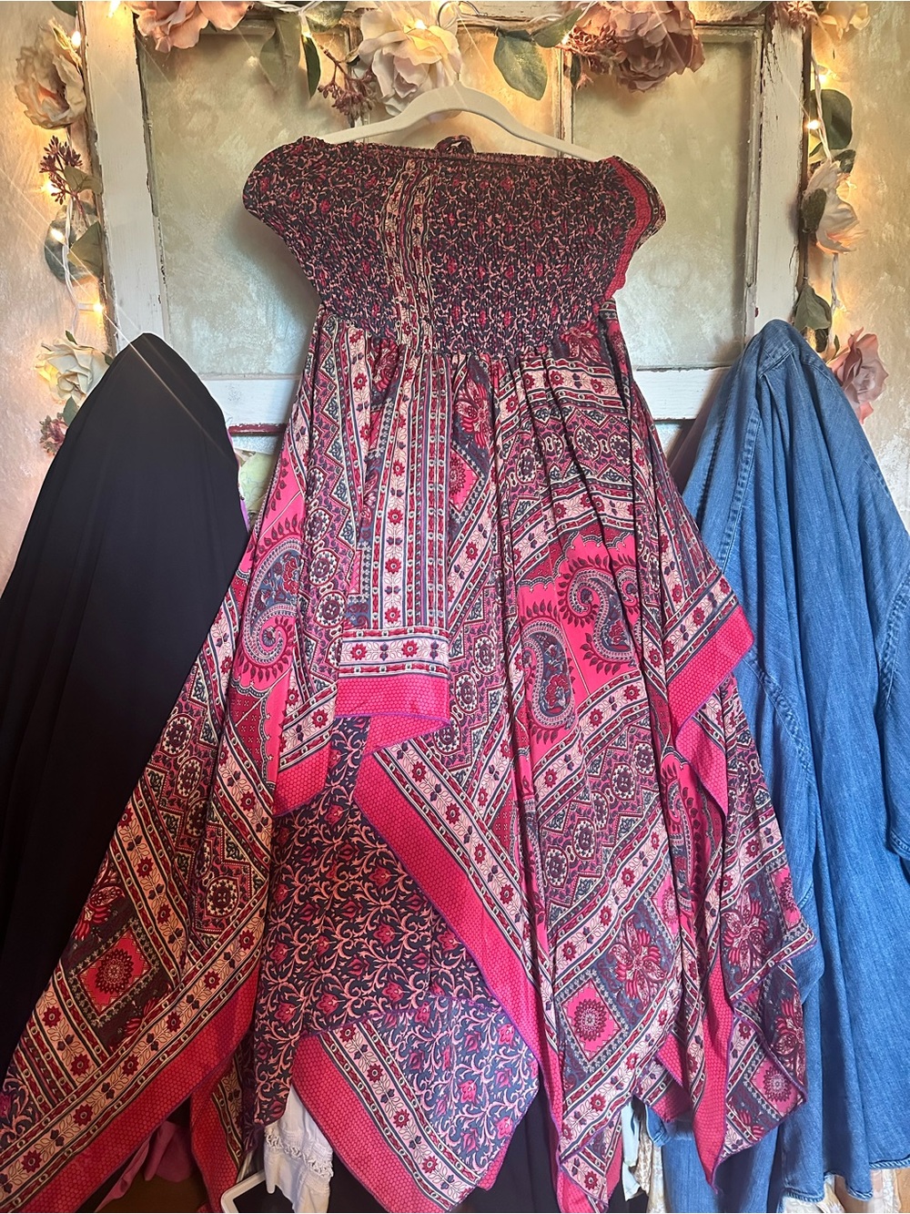 India Boutique Red, Pink, Navy Smocked Boho Strapless Dress - Picture 4 of 5